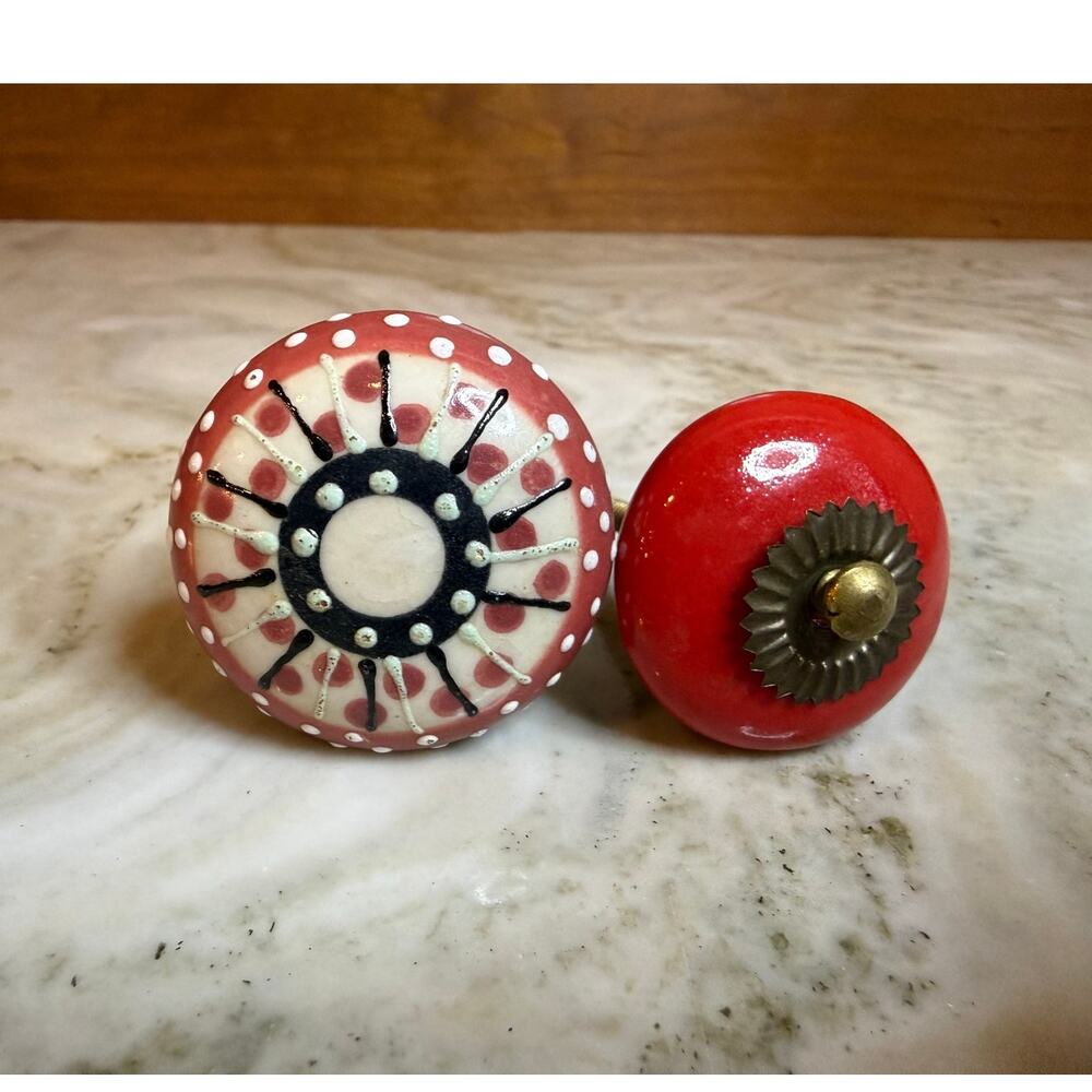 Pair of Vintage Ceramic Cabinet Knobs Red Handpainted